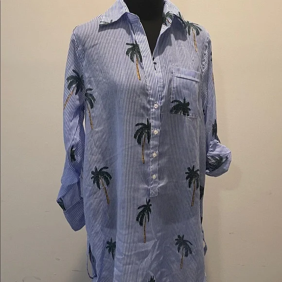 Violet Sky Overshirt Coverup Tunic Size S Blue White Stripes Tropical Vacation - Picture 4 of 13